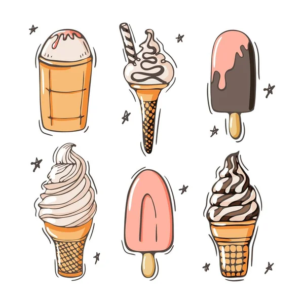 Conjunto de iconos de helado vector garabato ilustración. Colección de verano infantil de persianas solares y en cono aislado sobre fondo blanco — Vector de stock