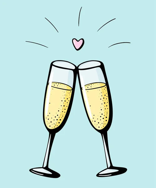 Vector garabato dibujado a mano ilustración de dos copas de champán pareja amor bebida vítores copas vino espumoso sobre fondo blanco. Tarjeta de felicitación del día de San Valentín, celebración del aniversario — Vector de stock