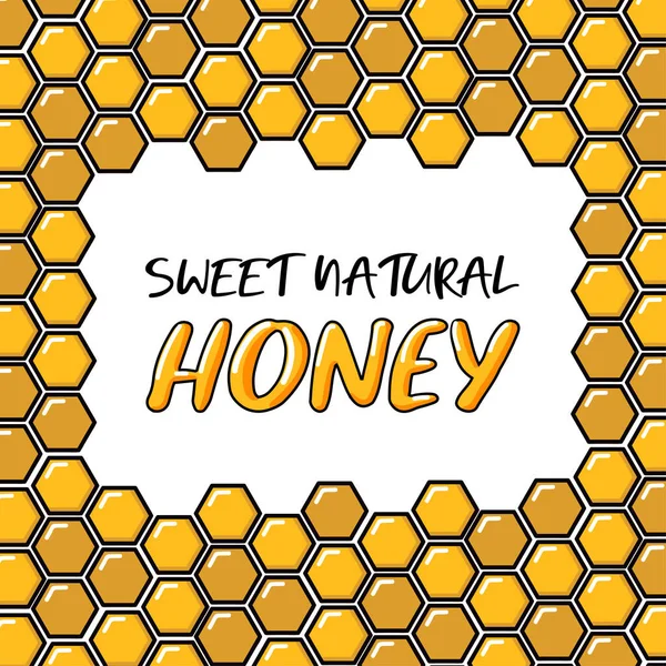 Рамка с сотами. Карикатурная иллюстрация желтого вектора. Идеальный фон для пчеловодов, мед с текстом сладкий натуральный мед — стоковый вектор