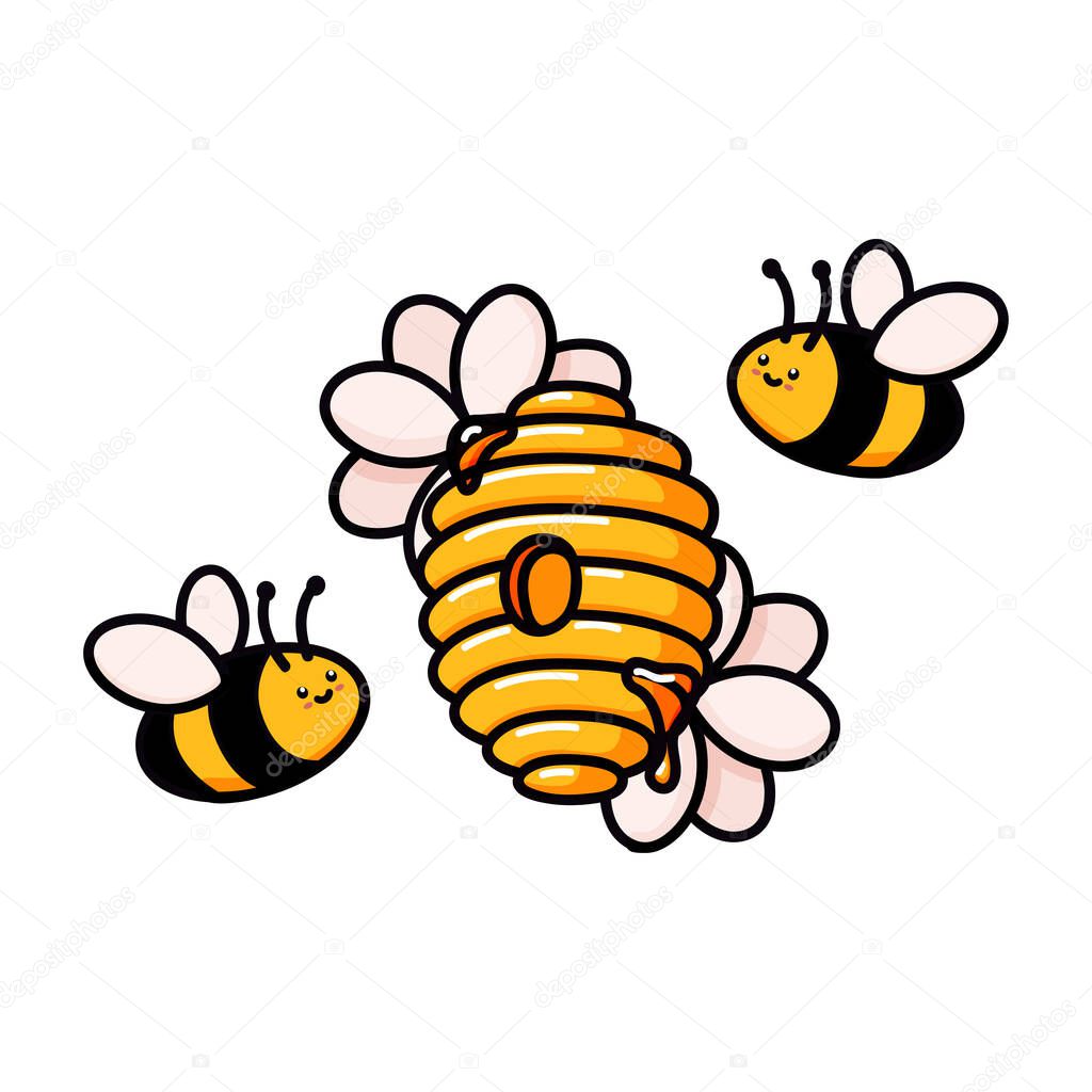 Hive with cute bees and flowers. Yellow beehive doodle vector illustration. Home of the wasp, bee and insect with flowers. Honey production, beekeeping. Flat cartoon illustration isolated
