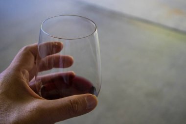 Sonoma County, Kaliforniya, ABD 'de şarap tatma odasında el ele tutuşan kırmızı şarap kadehinin yakın çekimi.