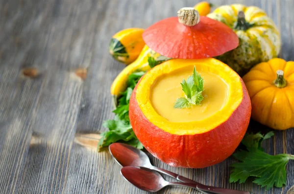 Pumpkin soup in a pumpkin copy space background — Stock Photo, Image