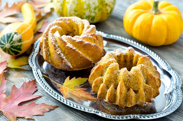 Pumpkin muffins on a tray — Stock Photo, Image