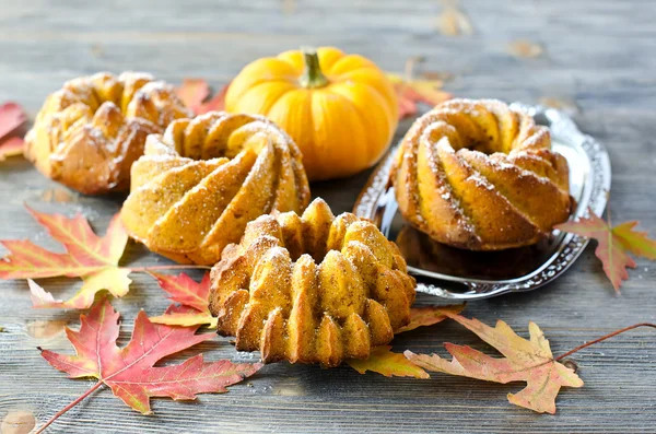 Pumpkin cakes with powdered sugar on wooden background — Stock Photo, Image