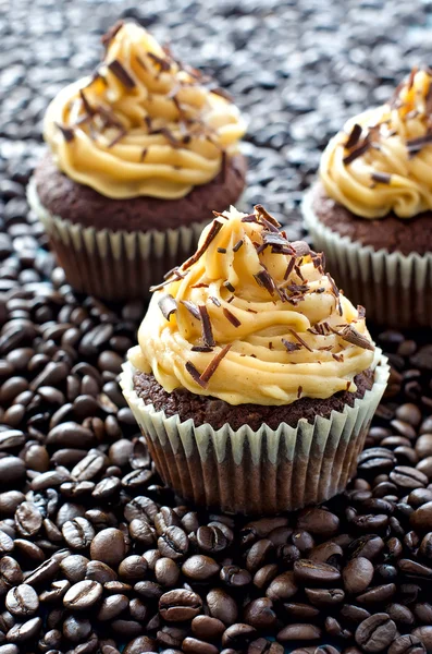 Cupcakes de chocolate com creme de caramelo em grãos de café amostra te — Fotografia de Stock