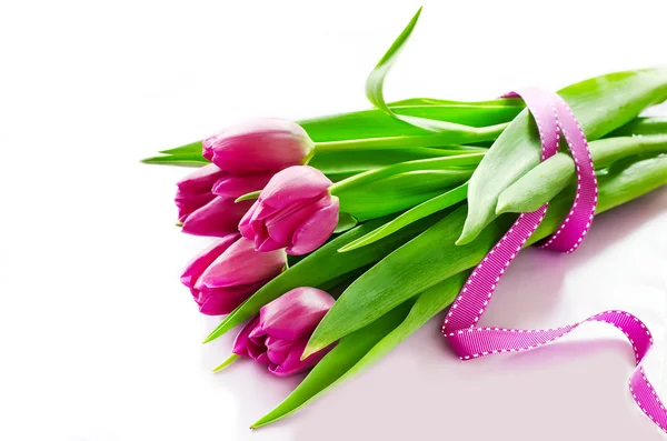 Bunch of pink spring tulips sample text — Stock Photo, Image