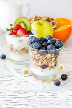 Healthy breakfast with muesli in glass, fresh berries and yogurt