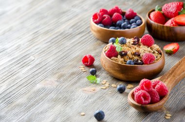 Fresh breakfast with granola and berries, copy space background