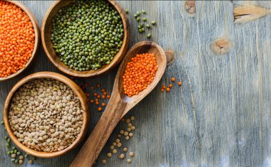 Red and brown lentlils, moong beans cooking ingredients