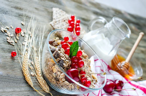 Colazione sana con muesli, frutti di bosco freschi, pane croccante, miele — Foto Stock