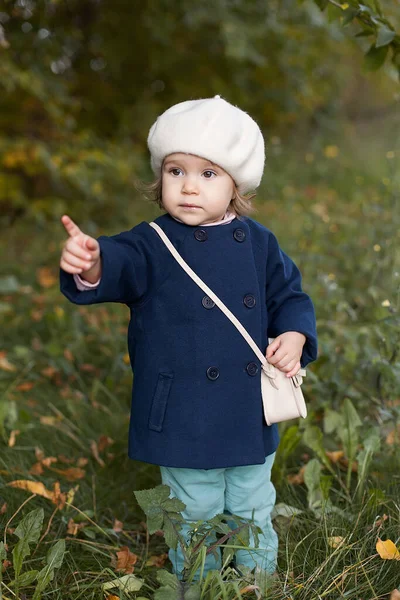 Маленькая девочка в пальто осенью держит листья. — стоковое фото
