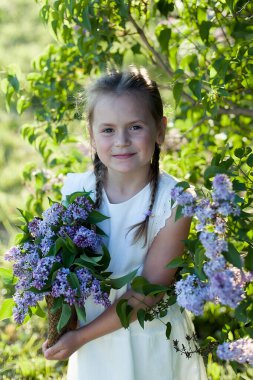 Leylak bahçesinde hasır şapkalı güzel bir kız. Baharda leylak çiçekli bir kız. Bahçıvanlık.
