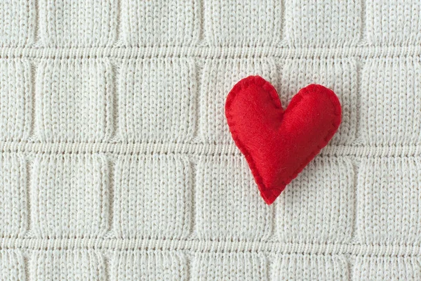 Close Single Red Felt Heart Light Stained Wood Symbol Love — Stock Photo, Image