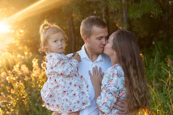 Stylish Young Family Mom Dad Daughter One Year Old Blonde — Stock Photo, Image