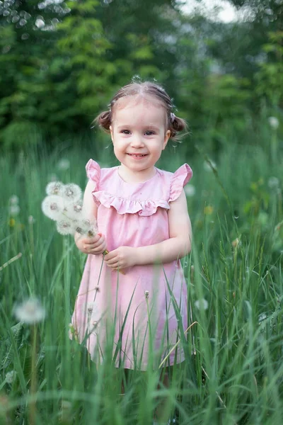 Pequeña chica rizada soplando diente de león en la luz del atardecer. Filtro Instagram. Salud, concepto médico — Foto de Stock