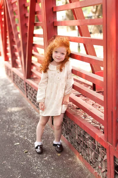 Portrait of a cute red-haired little girl holding hands near her face and dreaming, looking at something cute and cute. Shooting in a city park. — Foto de Stock
