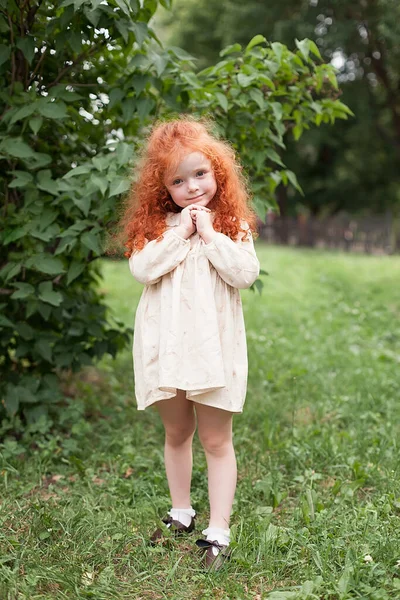 A little girl with red curly hair in a dress poses among wild flowers in a field at sunset. Portrait. Fotos de stock libres de derechos