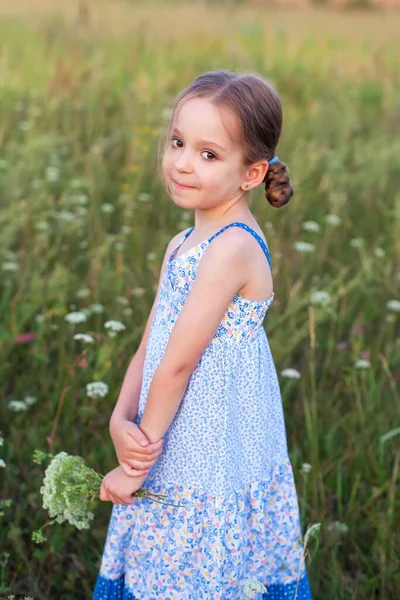 小さなブロンドの女の子歩くと夏の小麦畑 — ストック写真