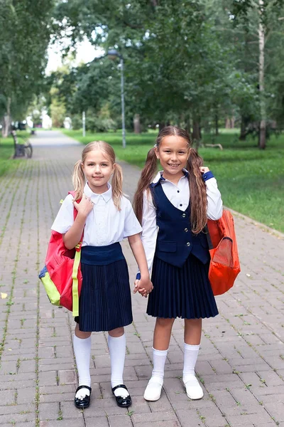 Two Teenage Girls Walk Summer Park Talk Walk School College — Stock Photo, Image