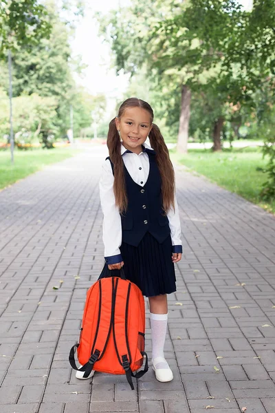 Chytrý Skvělý Zpátky Školy Dítě Uniformě Nosí Školní Tašku Koncepce — Stock fotografie