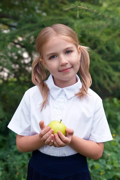 Amigo Gracioso Vuelta Escuela Una Niña Pequeña Con Una Manzana —  Fotos de Stock