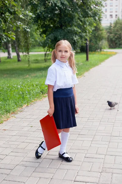 Chytrý Skvělý Zpátky Školy Dítě Uniformě Nosí Školní Tašku Koncepce — Stock fotografie