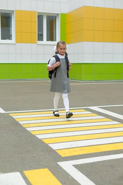 학교로 배낭을 소녀는 학교에 미소를 지으며 카메라 바라본다 어린이 근처를 — 스톡 사진