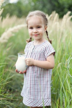 süt ile bir sürahi elinde buğday alanında mutlu sevimli küçük kız
