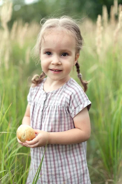 Ein Glückliches Kleines Mädchen Auf Einem Weizenfeld Mit Brot Lächelnd — Stockfoto