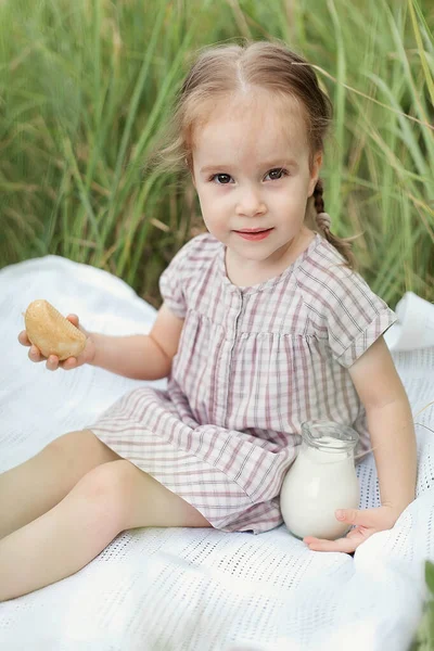 Счастливая Маленькая Девочка Пшеничном Поле Хлебом Кувшином Свежего Молока Летние — стоковое фото
