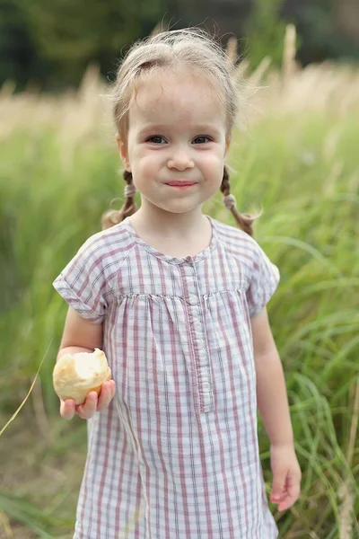 Una Niña Rubia Campo Centeno Niño Feliz Con Pan Redondo — Foto de Stock