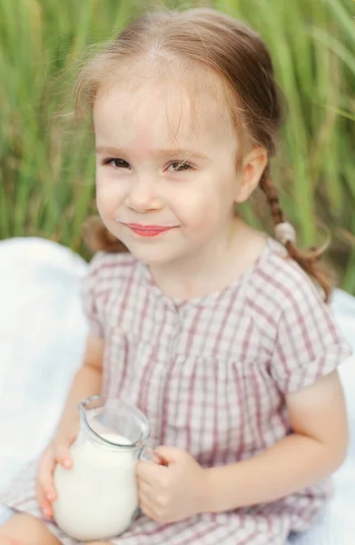 Мила Маленька Дівчинка Глечиком Молока Полі Літній День Щасливе Дитинство Стокове Зображення