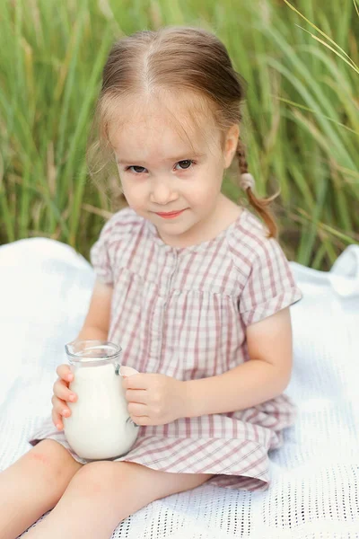 Una niña pequeña en un campo en una noche de verano, caminando en la naturaleza. El concepto de paz, esperanzas, sueños — Foto de Stock