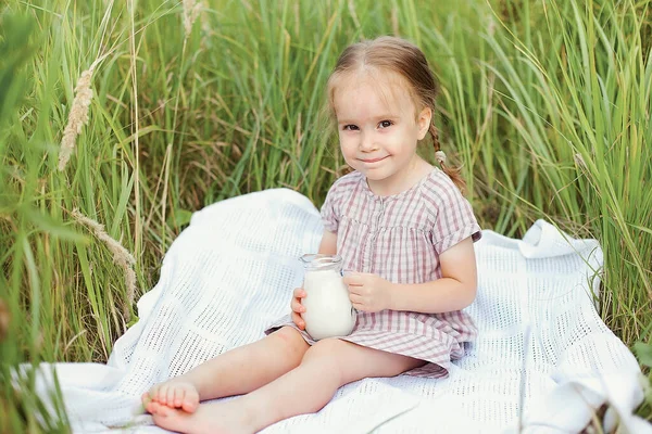 Ein süßes kleines Mädchen von 2-3 Jahren mit niedlichen Zöpfen auf einem Weizenfeld mit einem Krug Milch, lächelt und blickt in die Kamera. Spaziergänge in der Natur — Stockfoto