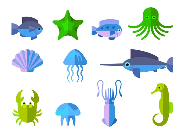Set di icone piatte con animali acquatici — Vettoriale Stock