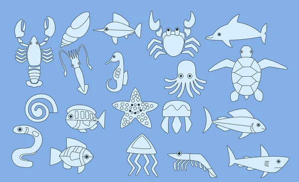 Set ikon hewan laut, ilustrasi vektor - Stok Vektor