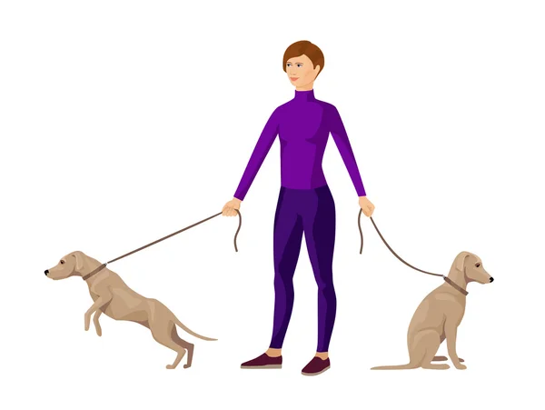 Giovane ragazza magra mantenendo due cani su cavi — Vettoriale Stock
