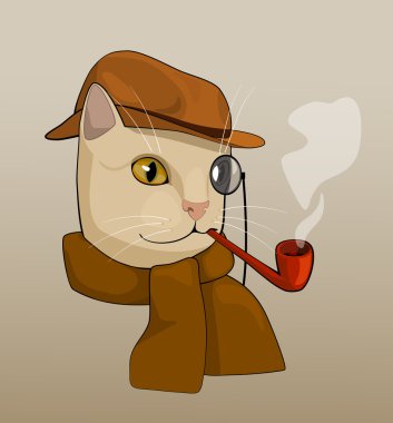 cat with eyeglass, brown hat, pipe and scarf, cartoon drawing clipart