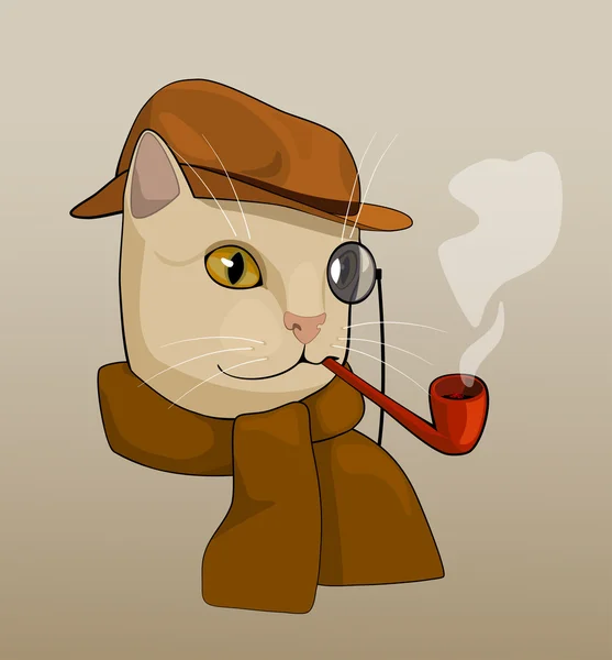 Gato com óculos, chapéu marrom, cachimbo e cachecol, desenho animado — Vetor de Stock