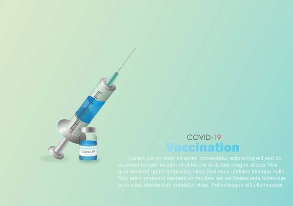 Covid 19ワクチンボトルと注射器注射器によるCovid 19治療 ワクチン接種 健康管理の背景ワクチン治療の時間コロナウイルスベクターイラスト — ストックベクタ