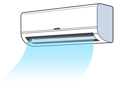 Serin, temiz bir esinti üreten beyaz bir klima ya da soğutucu. Ana satırlı vektör illüstrasyon sürümü.