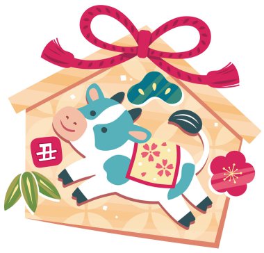 Zıplayan şirin bir inek, çam, bambu ve erikli adak tableti. 