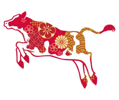 Yandan görülen sıçrayan bir Holstein ineğinin silueti. Japon tarzı kırmızı ve altın desenli..