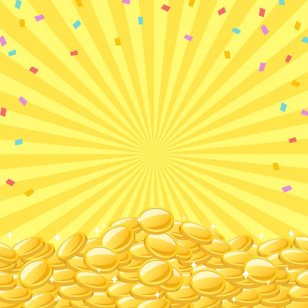 Fondo Del Marco Donde Confeti Colorido Muchas Monedas Oro Apilan — Vector de stock
