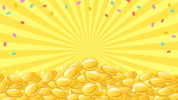 Fondo Del Marco Donde Confeti Colorido Muchas Monedas Oro Apilan — Vector de stock