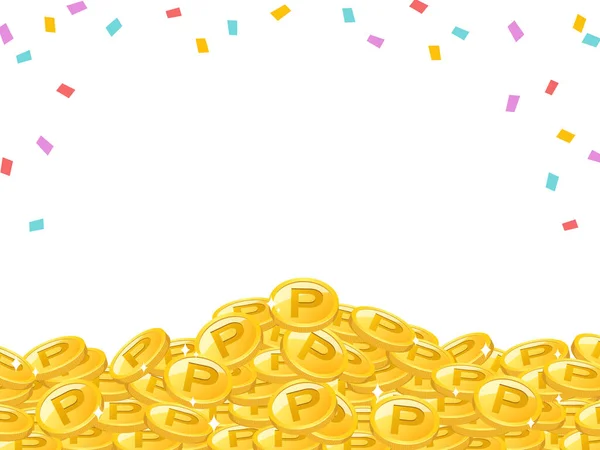Рамка Купою Барвистих Конфетті Безліччю Золотих Точкових Монет Білому Тлі — стоковий вектор