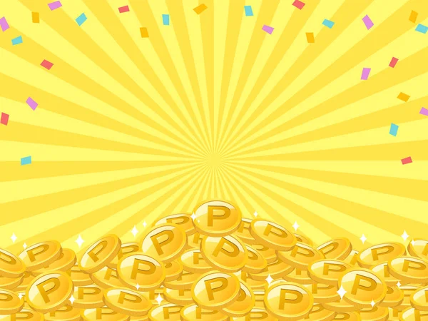 Fundo Quadro Onde Confetes Coloridos Muitas Moedas Ouro São Empilhados — Vetor de Stock