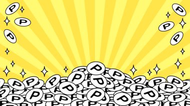 Birçok tek renkli madeni paranın dağ gibi biriktiği çerçevenin arka planı. Koyu sarı çizgilerin arka planında.