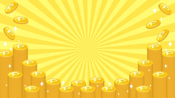 黄金の集中線を背景に多くの金貨が積み上げ輝き — ストックベクタ