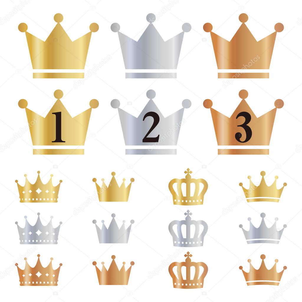 Gold, silver and bronze ranking crown icon variation set.Entering the numbers of 1st, 2nd and 3rd.